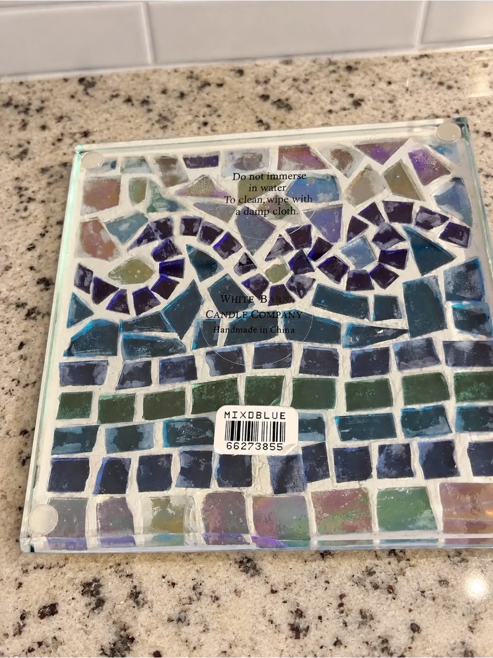 White Barn Blue Mosaic Glass Candle Plate Trivet 6”
